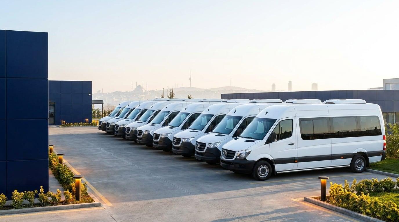 Adeda Turizm servis filosu — kurumsal tesis önünde araçlarımız bir arada